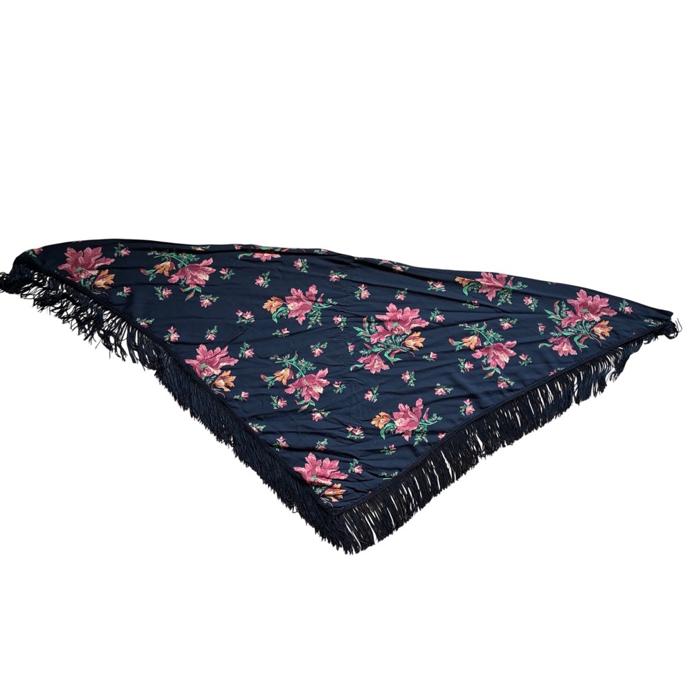 Vintage 70s Black Floral Fringe Triangle Piano Shawl Wrap Boho Scarf Cottagecore